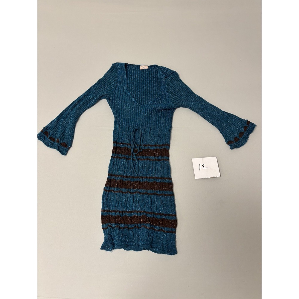 Hera Women Teal Brown Sparkle Ribbed Knit Mini Dress Drawstring Bell Sleeve S